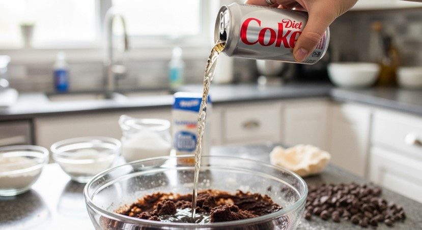 Diet Coke And Cake Mix Recipe pouring Diet Coke into cake mix