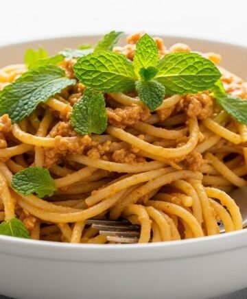 Lemony Hummus Pasta Recipe in white bowl with mint garnish