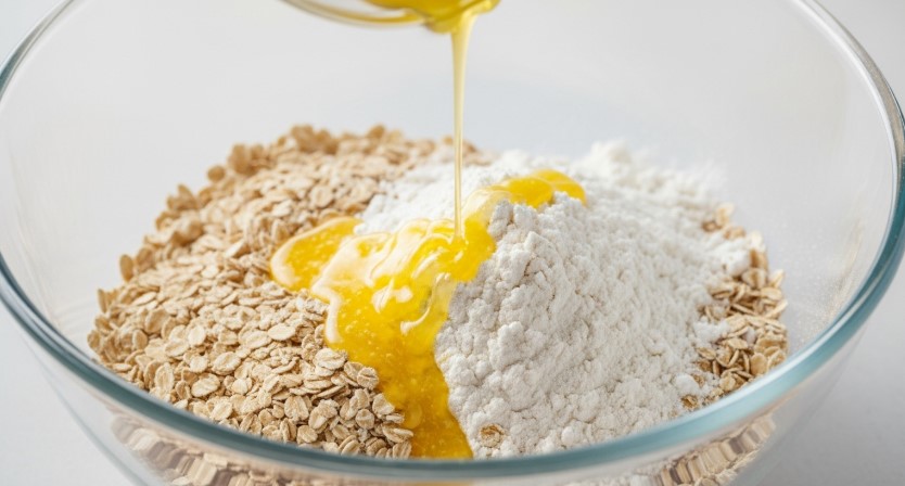 Mixing Melted Butter Into Oat Topping for Blueberry Crumble