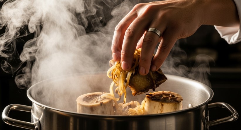 Bone Broth Recipe Adding Roasted Bones to Pot