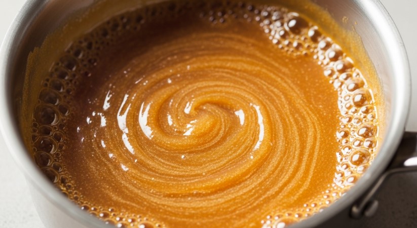 Caramel sauce boiling in pan for Caramel Popcorn Recipe