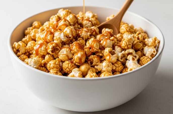Pouring caramel over popcorn for Caramel Popcorn Recipe