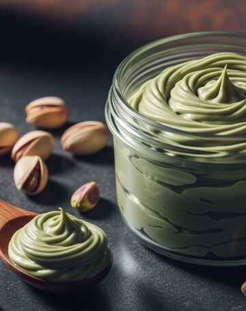 Pistachio Cream Recipe in glass jar with spoon